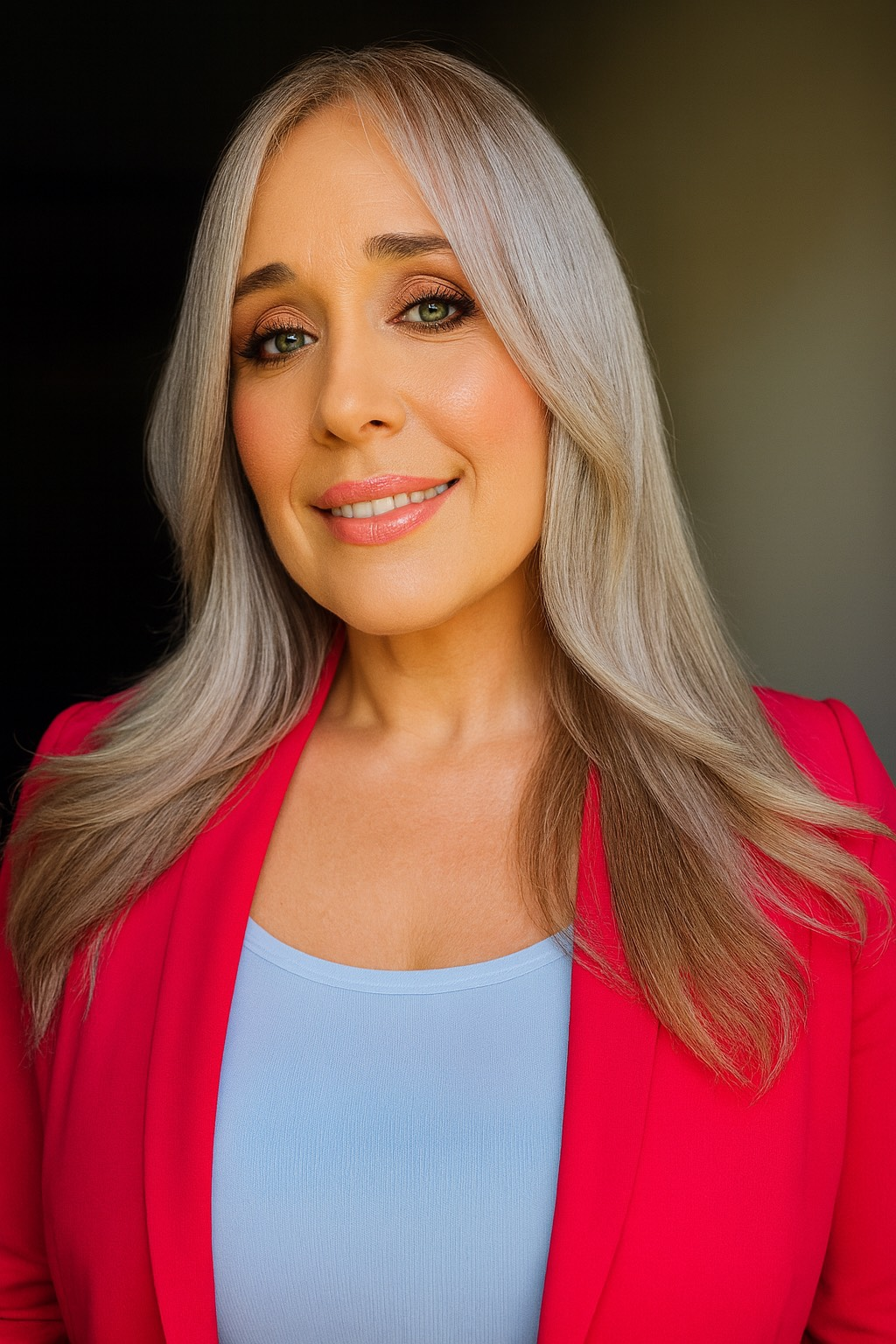 Smiling woman with long silver hair wearing a bright pink blazer and light blue top against a dark background
