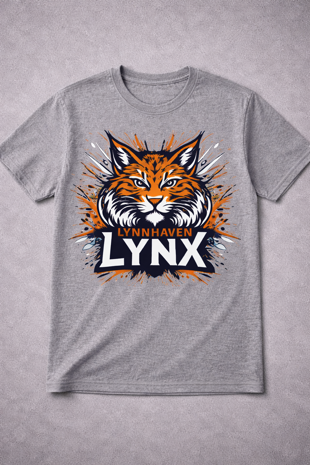 Gray T-shirt with a fierce lynx graphic and the word “LYNX” in bold text