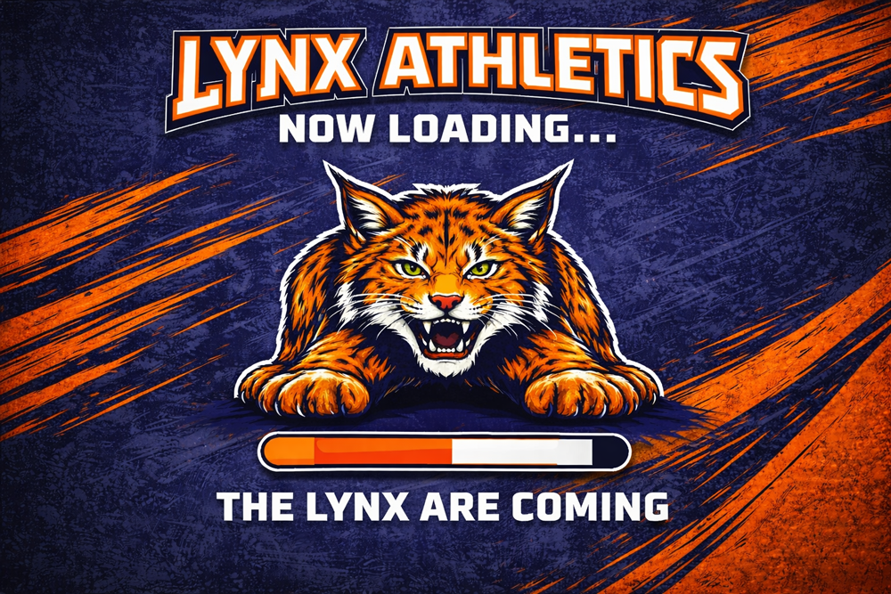 Lynx Athletics loading screen with snarling lynx mascot, orange and navy design, and progress bar
