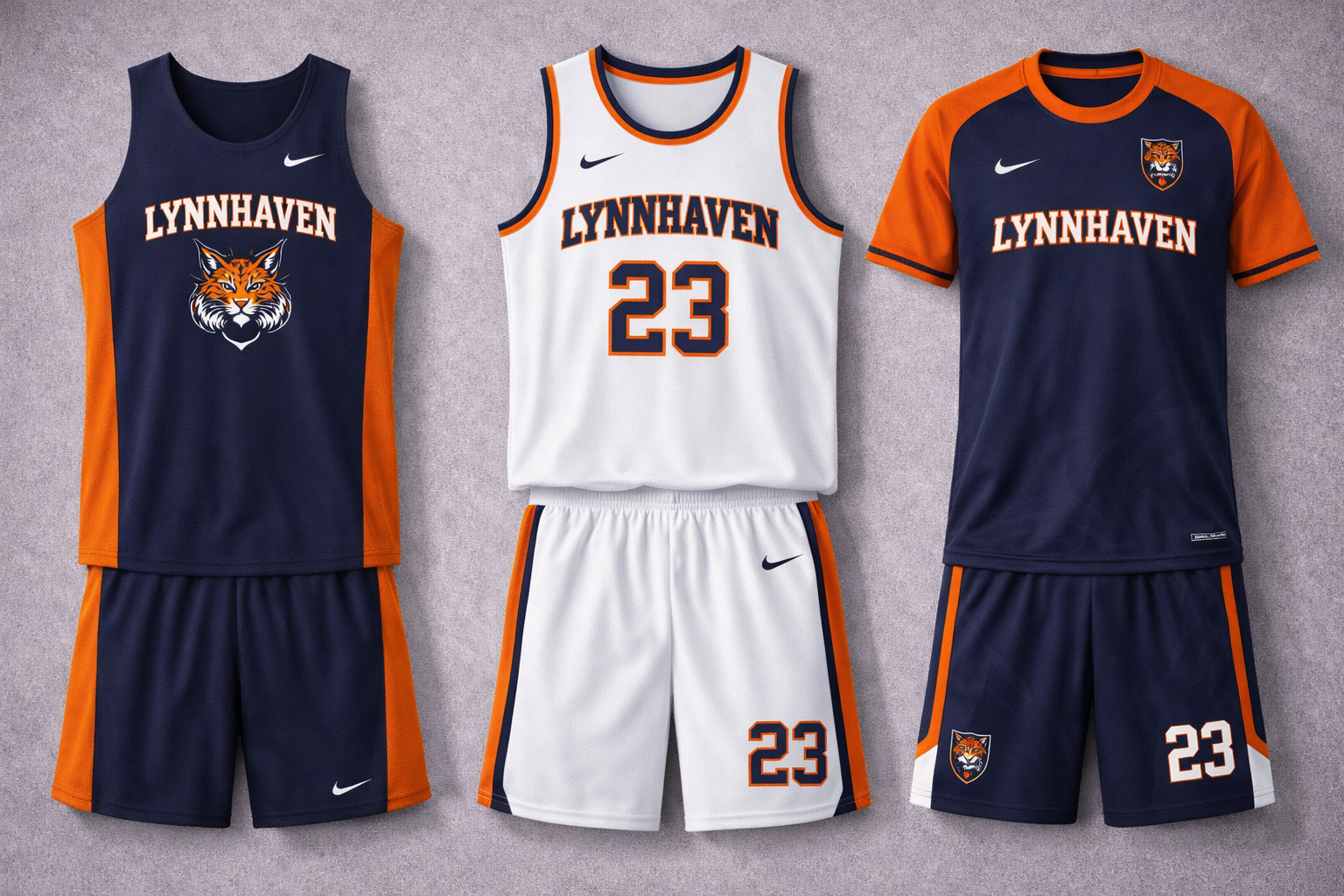 Three Lynnhaven basketball uniforms in navy, white, and navy-orange laid out side by side