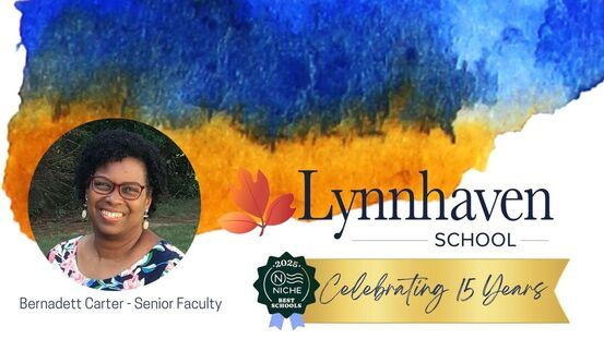 Business card showing the school and a female in a circle on the bottom left