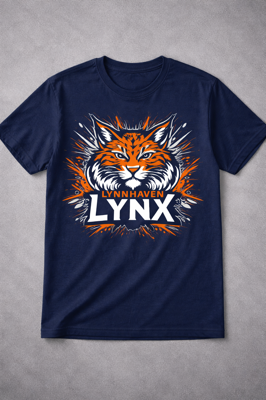 Navy T-shirt with roaring lynx graphic and orange-and-white “LYNX” text