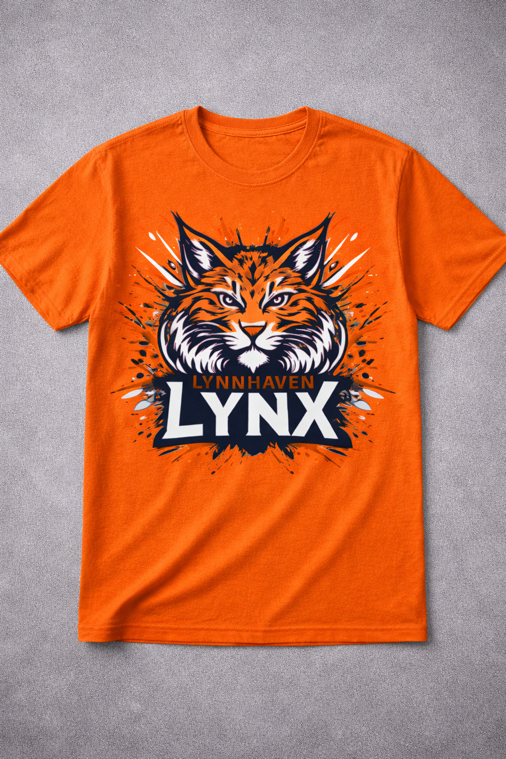 Orange T-shirt with a lynx graphic and the word “LYNX” on the front