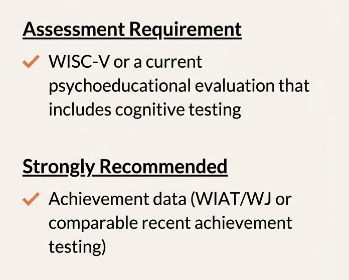 Assessment requirements: WISC-V or psychoeducational evaluation; recommended achievement data WIAT/WJ.