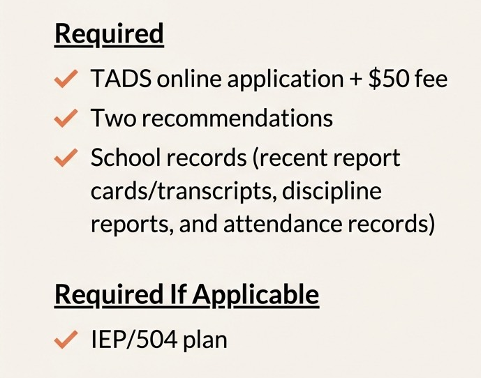 Required application checklist: TADS fee, two recommendations, school records, and optional IEP/504 plan.