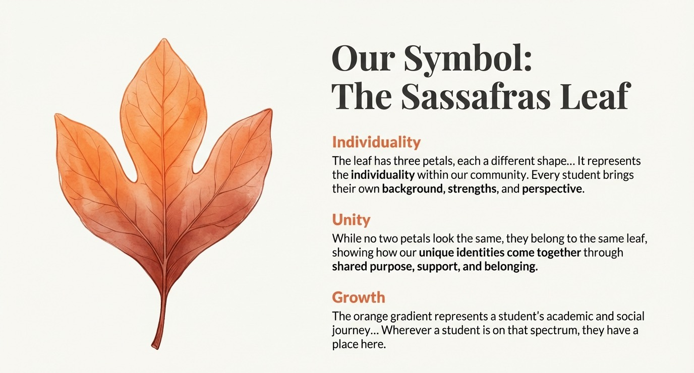 Illustrated orange sassafras leaf beside text titled “Our Symbol: The Sassafras Leaf”