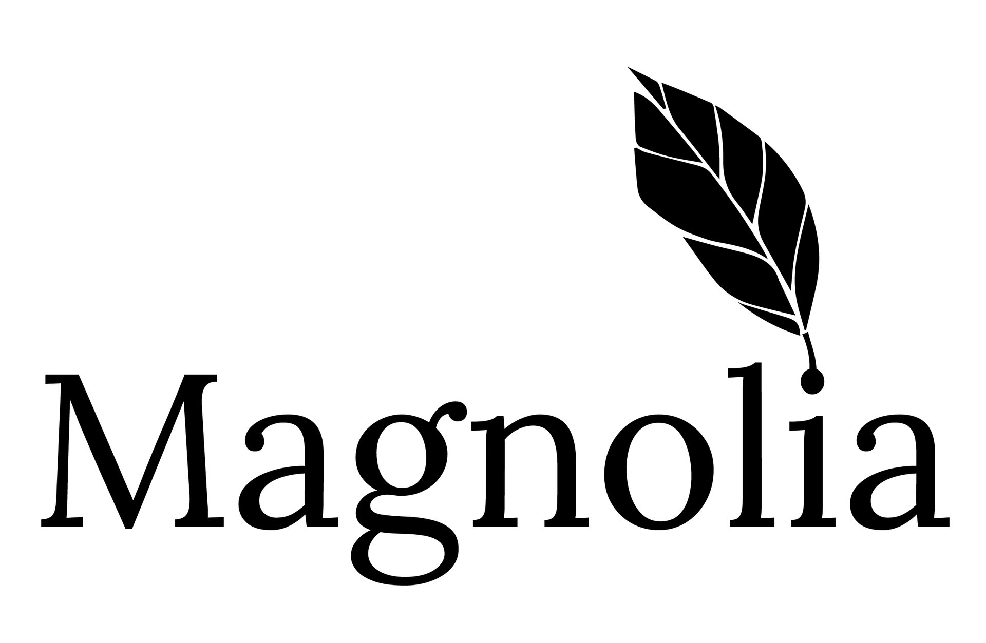 Magnolia logo with black serif text and a black leaf icon on white background