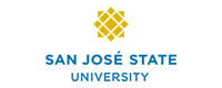San José State University logo with blue text and gold emblem on a white background