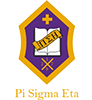 Pi Sigma Eta purple and gold shield logo with a diploma scroll and cross