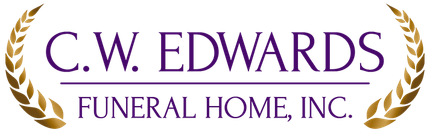 C.W. Edwards Funeral Home, Inc. logo with purple text and gold laurel branches