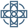 Blue interlocking cross and circle logo on a white background