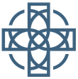 Blue interlocking cross and circle logo on a white background
