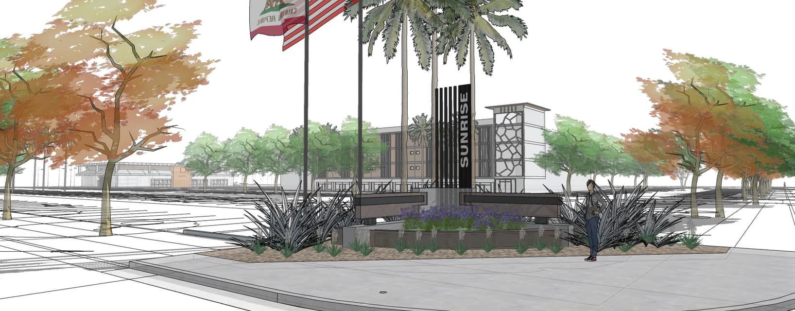 An architectural rendering of a monument with flags, trees, and a figure walking on a paved pathway.