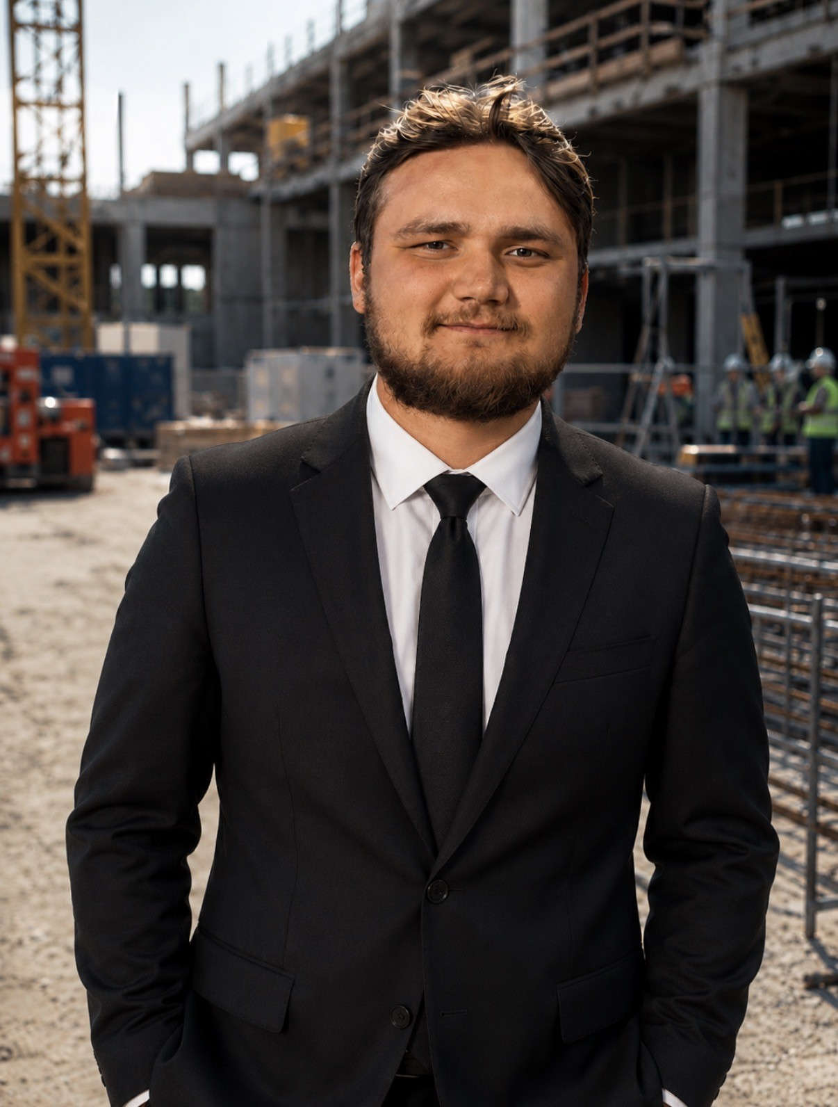 Man in a black suit and tie standing at a construction site with scaffolding in the background