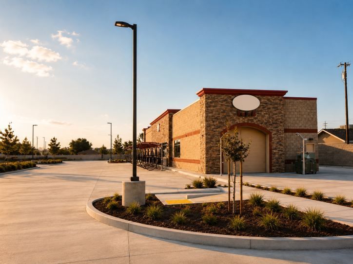 Empty parking lot beside a tan brick building at sunset, with a lamppost and small landscaped island