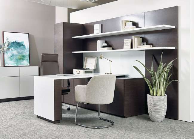 A modern office with a desk , chair , shelves and a potted plant.