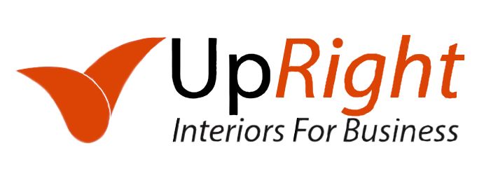 A logo for upright interiors for business with an orange check mark