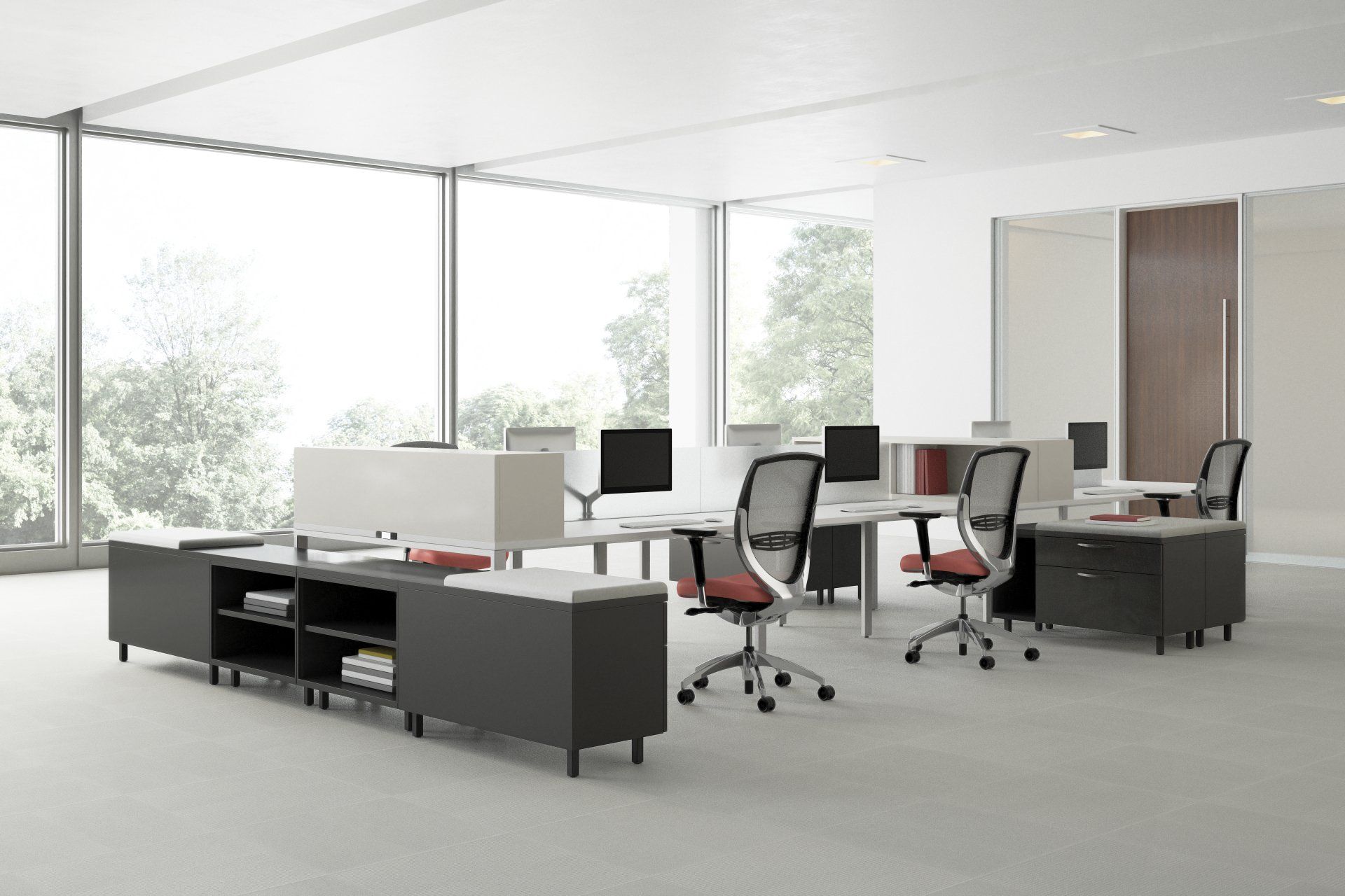 A large office with a lot of windows and desks and chairs.