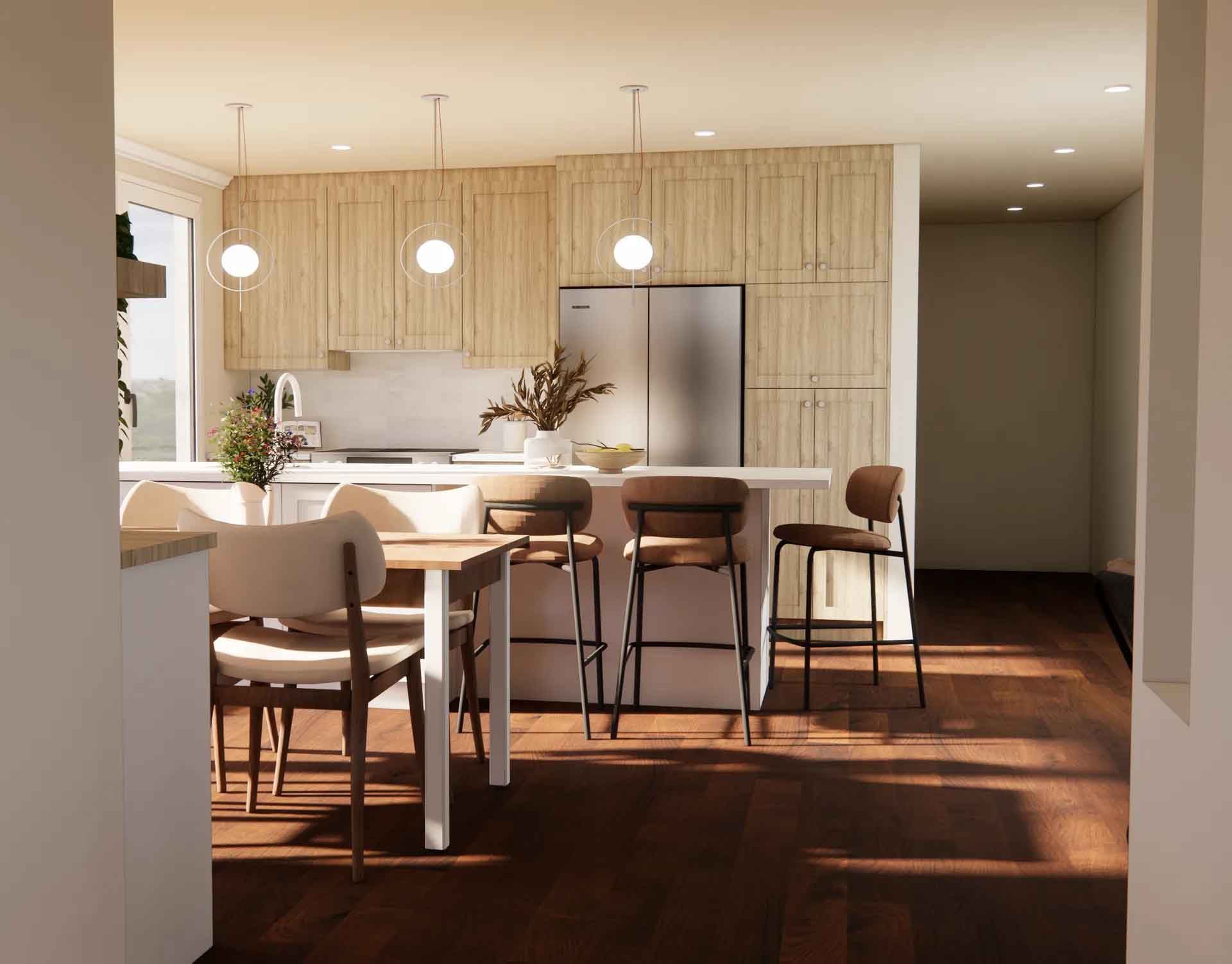 Une cuisine-salle &agrave; manger ouverte avec une table blanche, des chaises en bois, des armoires en bois clair, des appareils &eacute;le