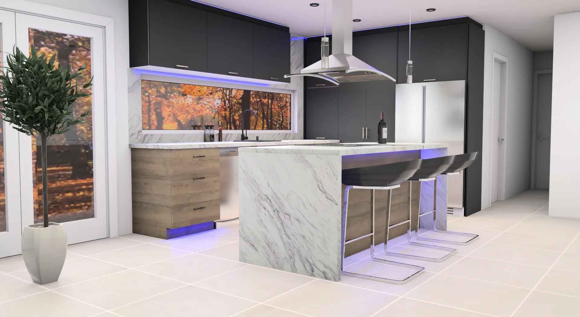 Une cuisine moderne avec &icirc;lot central en marbre, chaises noires, armoires grises et noires, &eacute;clairage bleu led, hotte m&eacute;talli