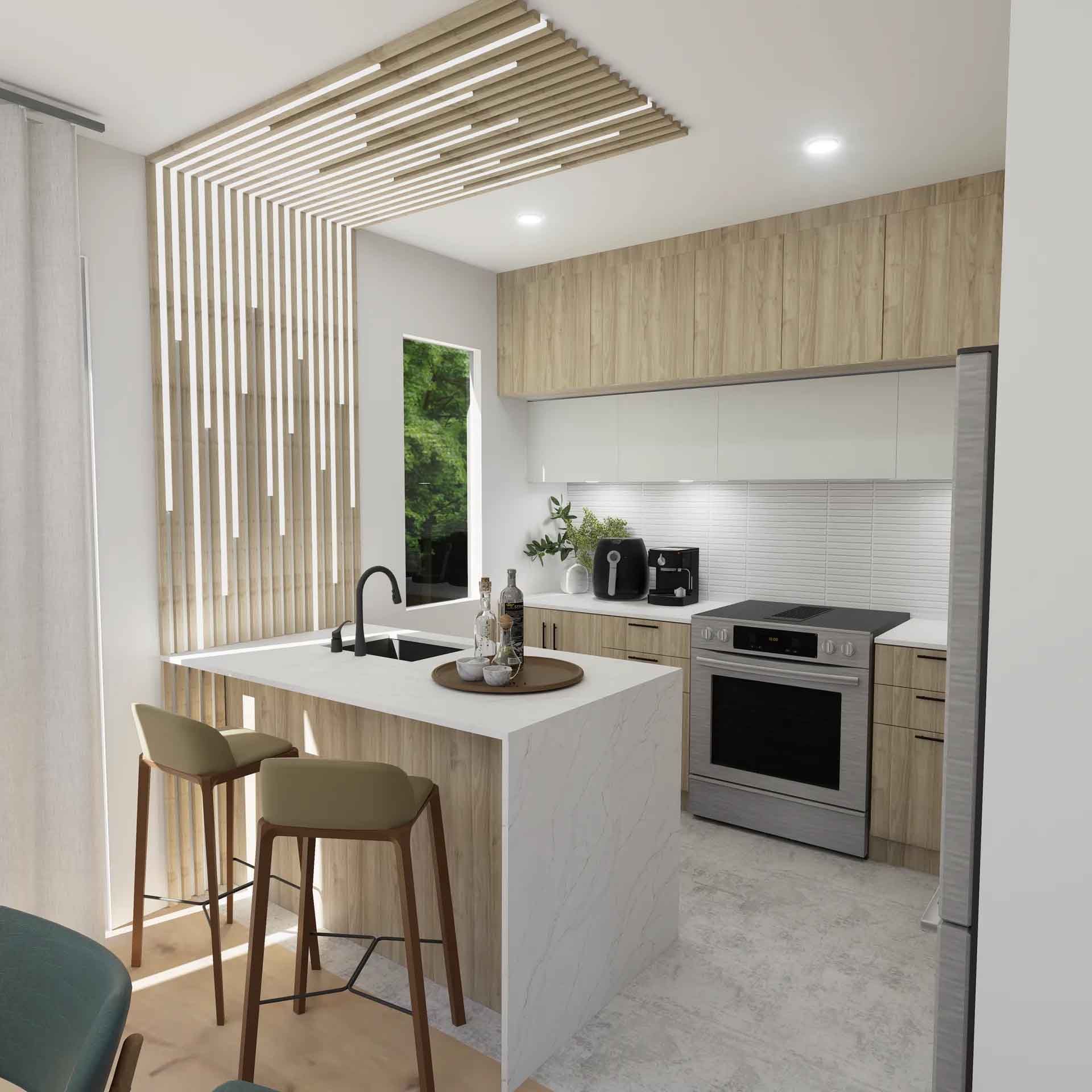 Une cuisine moderne avec &icirc;lot central blanc, tabourets beige, placards en bois clair, &eacute;lectrom&eacute;nagers inox et plafond &agrave; lamel