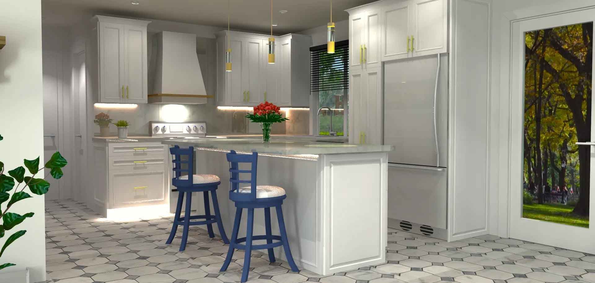 Une cuisine moderne avec armoires blanches, un &icirc;lot central, deux chaises bleues, appareils &eacute;lectrom&eacute;nagers en acier inoxydab