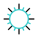 A blue and black icon of a sun with rays coming out of it.