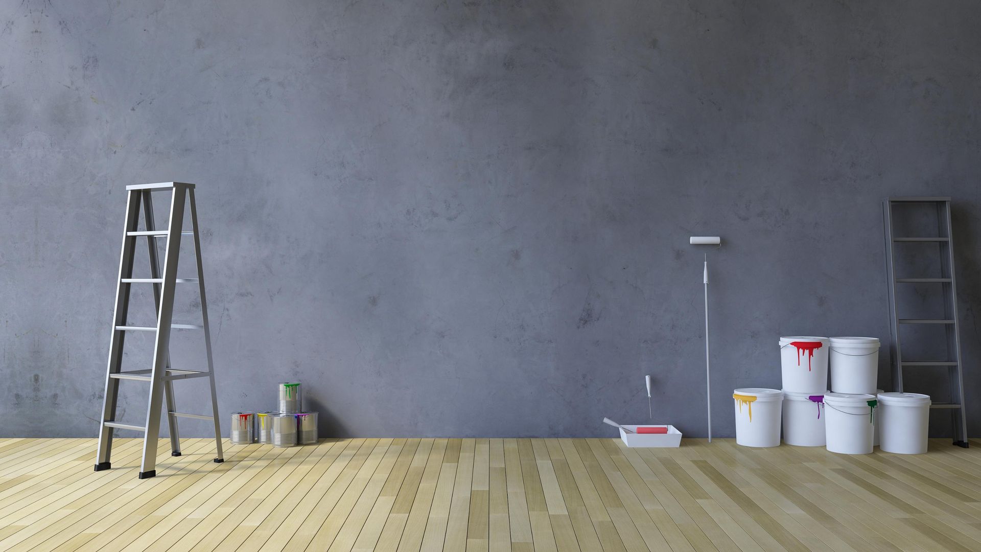 A room with painting supplies: ladders, paint cans, roller.  Gray wall and wood floor, in progress.