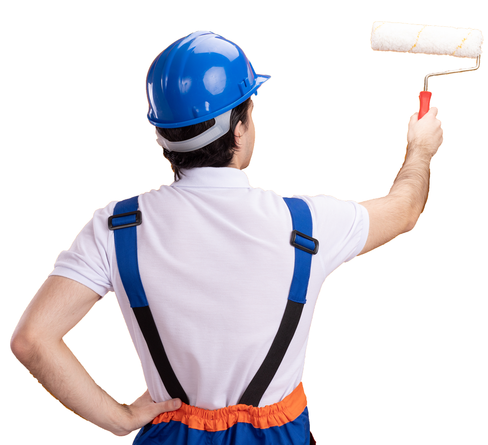 Painter in blue hard hat, white shirt, and overalls, using a paint roller against a white background.