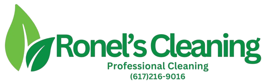 Logo for Ronel&rsquo;s Cleaning featuring two green leaves and the company name and phone number (617) 216-9016.