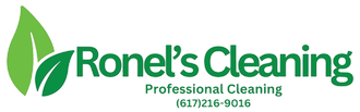 Logo for Ronel’s Cleaning featuring two green leaves and the company name and phone number (617) 216-9016.