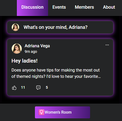 A social media feed titled "Women’s Room" showing a post by Adriana Vega asking for tips on planning themed nights.