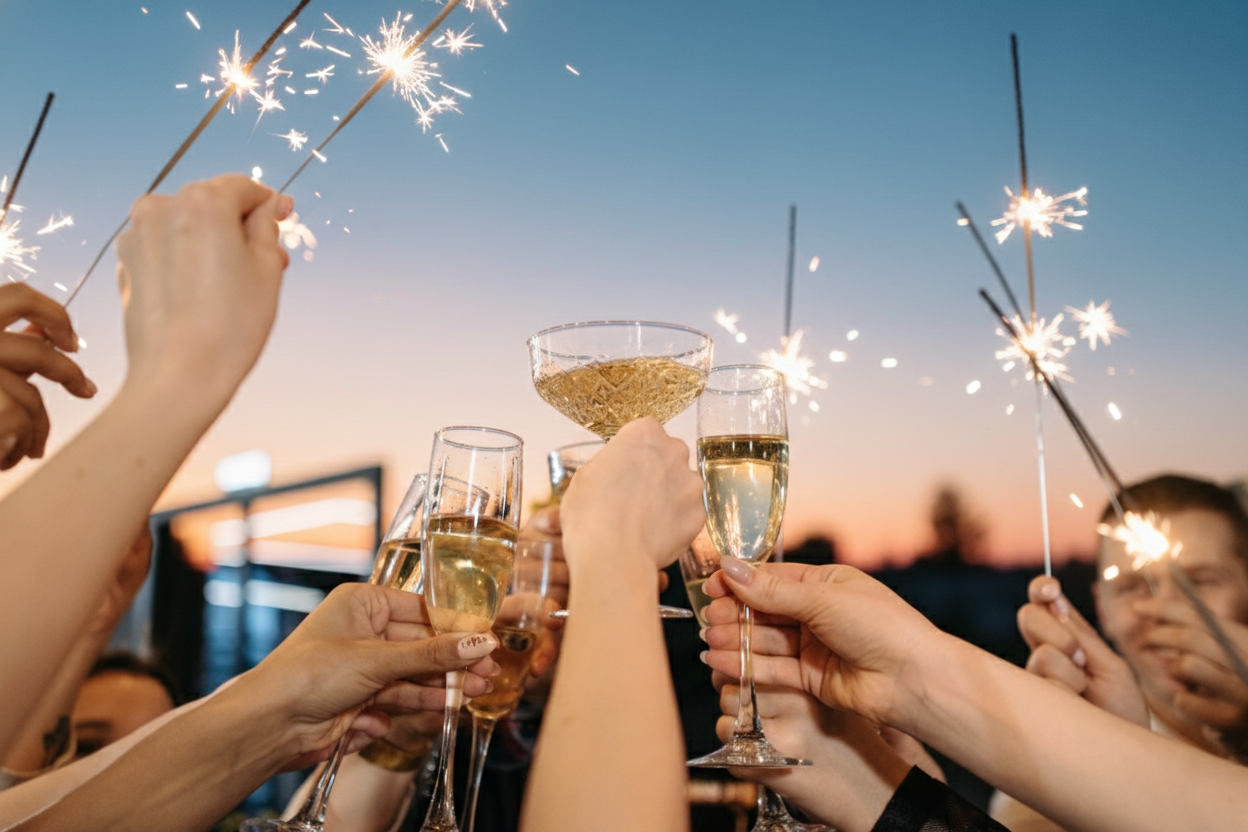 People holding champagne flutes and lit sparklers together during a toast at twilight.