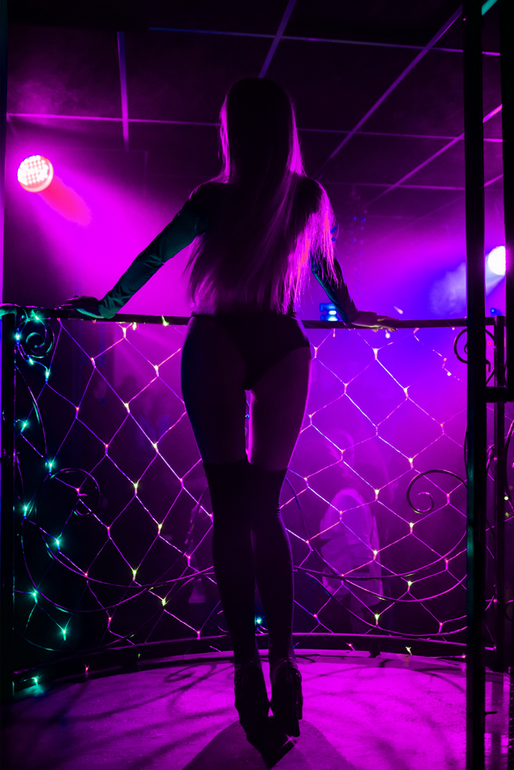 A silhouette of a person standing on a stage with vibrant purple lighting, decorative netting, and string lights.