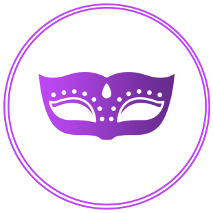 A purple masquerade mask with decorative white dots, centered within a double-lined purple circle.