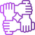 A purple line-art icon of four hands interlocking in a circle, representing teamwork or unity.