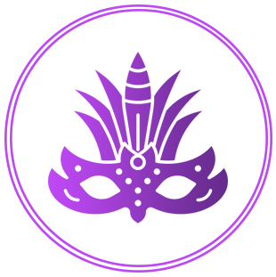 A purple gradient icon of a masquerade mask with a feathered headdress, centered inside a thin purple circular border.