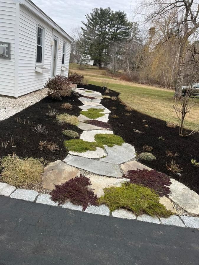 Stepping stone walkway through black mulch beside a white house and lawn, with green and burgundy shrubs