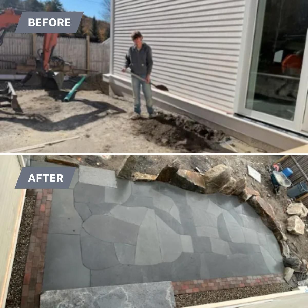 Before-and-after view of a patio installation beside a house, showing dirt area transformed into a gray stone patio.