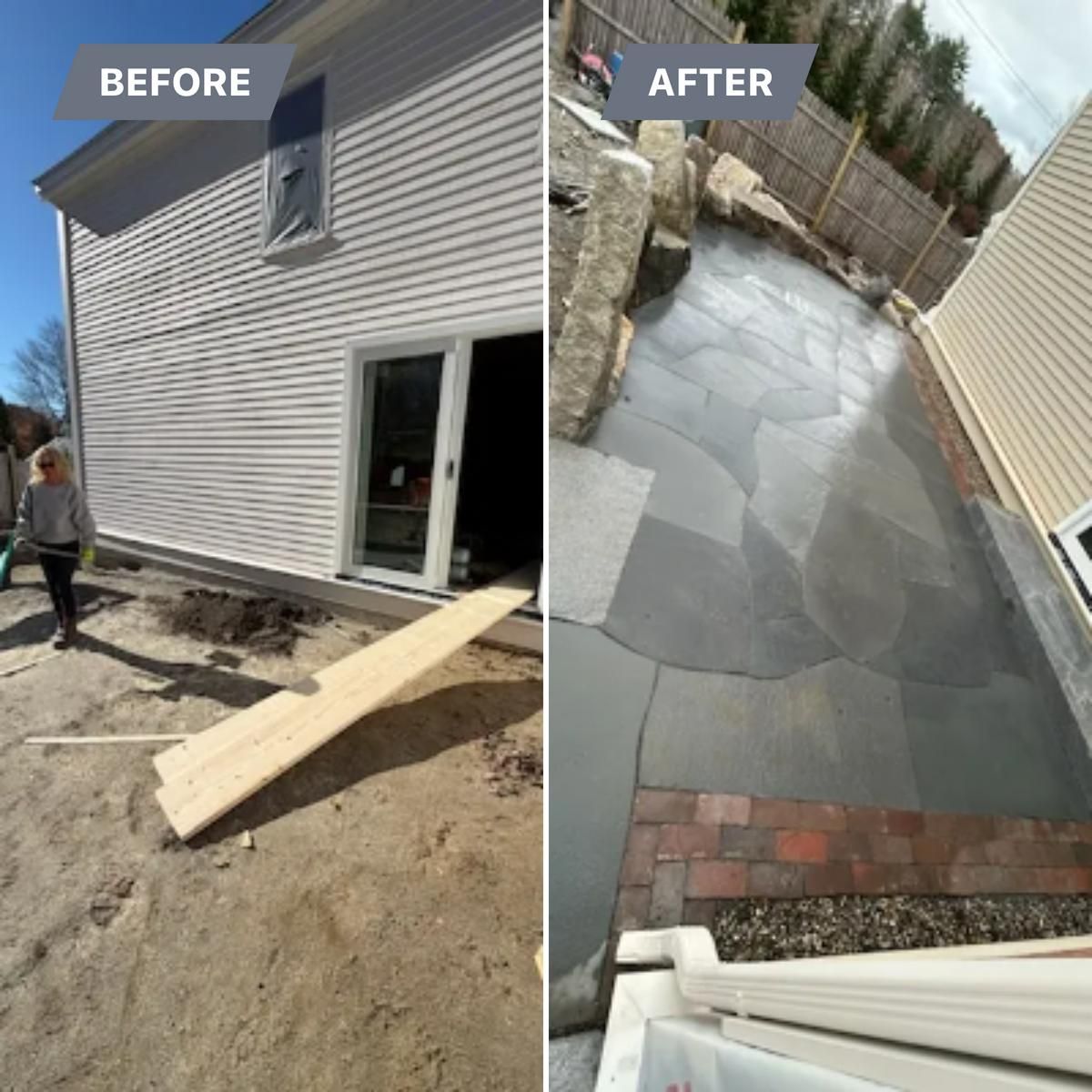 Before-and-after view of a house side yard transformed from dirt and a plank to a paved stone walkway.