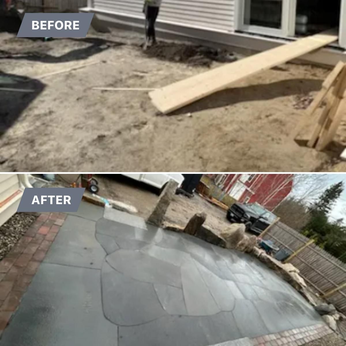 Before-and-after patio transformation: sandy yard replaced with large gray stone pavers.