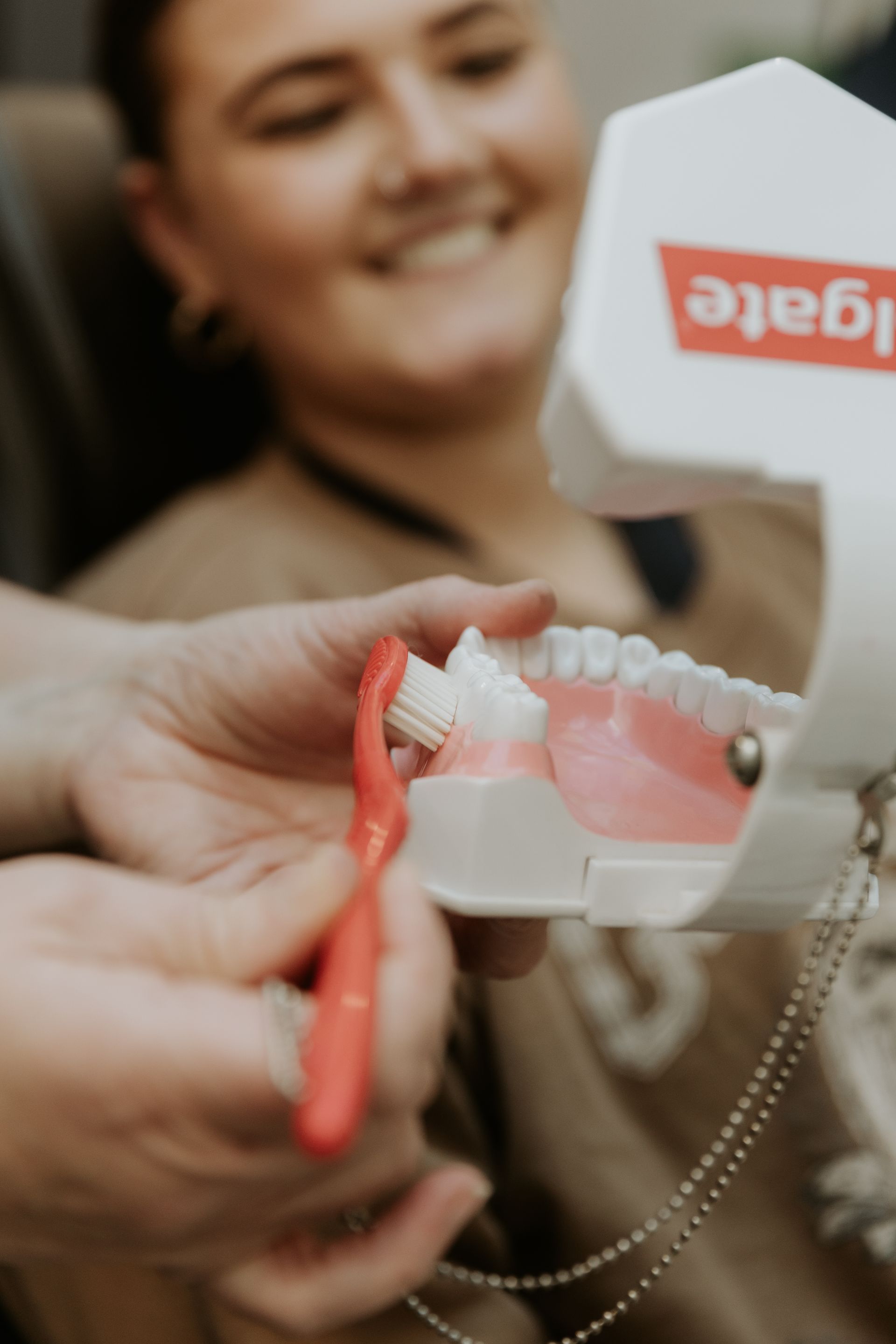 Person Demonstrating Tooth Brushing on a Model of Teeth — Dubbo Dental in Dubbo, NSW