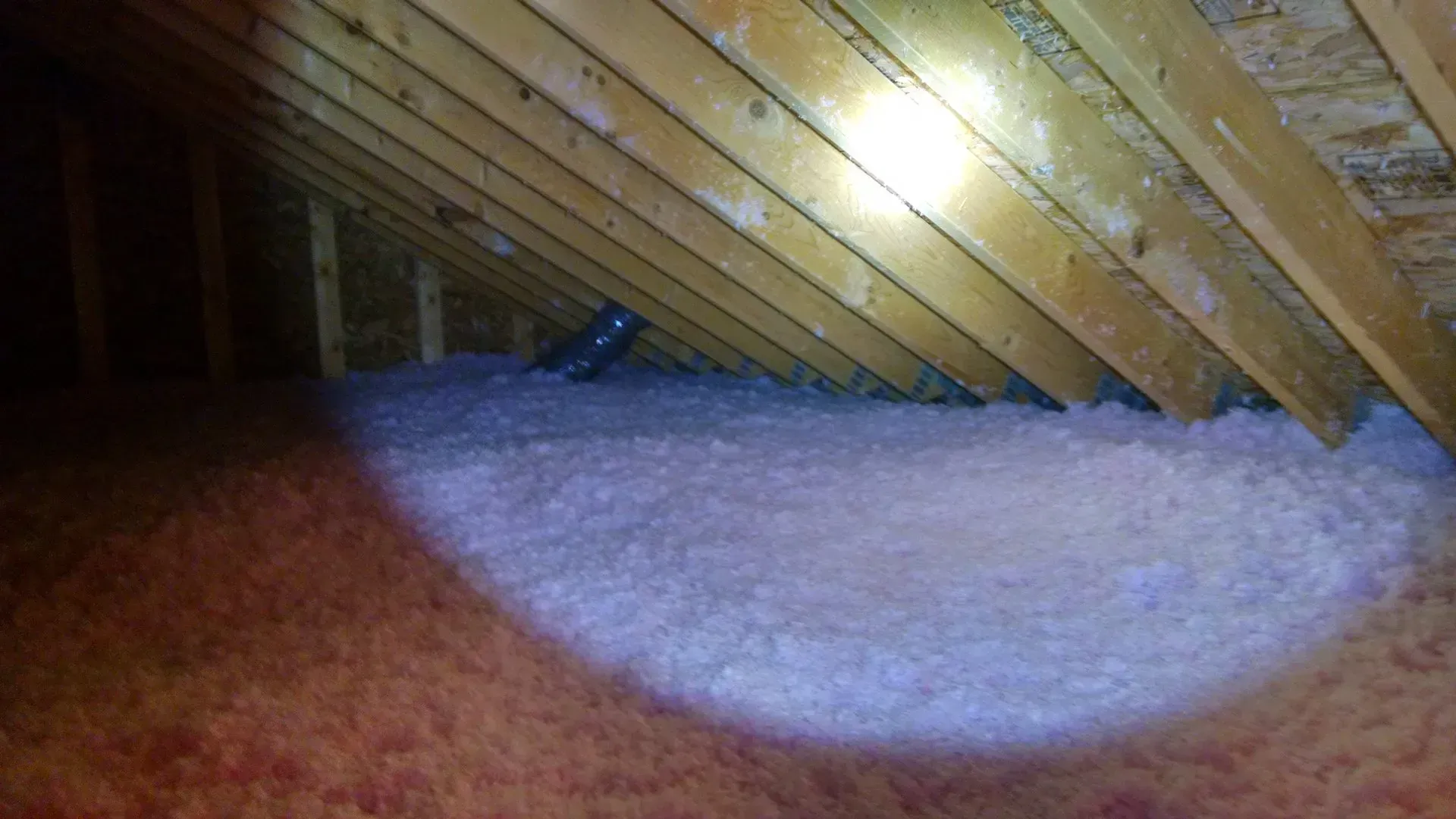 Attic space with sloped wooden rafters and thick, pinkish loose-fill insulation covering the floor.