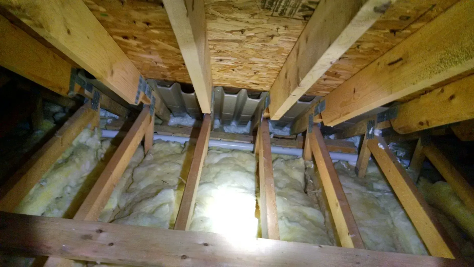 Looking up into an attic crawlspace, showing wooden roof joists, insulation, and metal roof paneling.