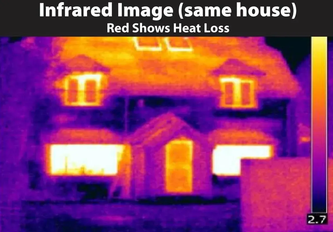 Infrared thermal image of a house showing heat loss through windows, doors, and the roof in bright yellow and red.