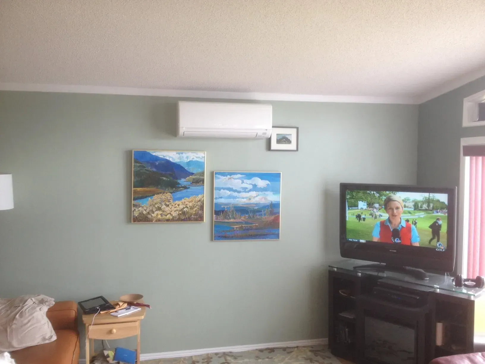 Living room wall featuring a white ductless air conditioner, two landscape paintings, and a TV on a black console.