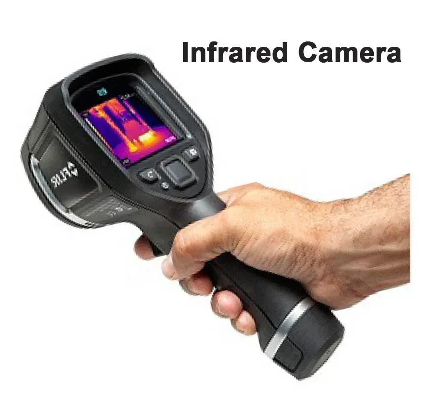 A hand holding a FLIR thermal imaging camera, displaying a colorful heat map on its screen.