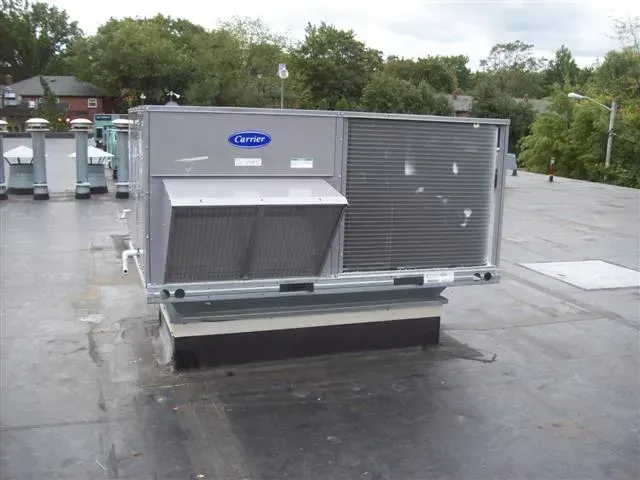 A gray Carrier HVAC rooftop unit sits on a flat black commercial roof near other mechanical equipment and trees.