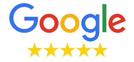 The Google logo in its signature colors, displayed above five solid yellow stars representing a five-star rating.