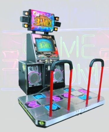 Dance Dance Revolution arcade machine with lights and a player platform.